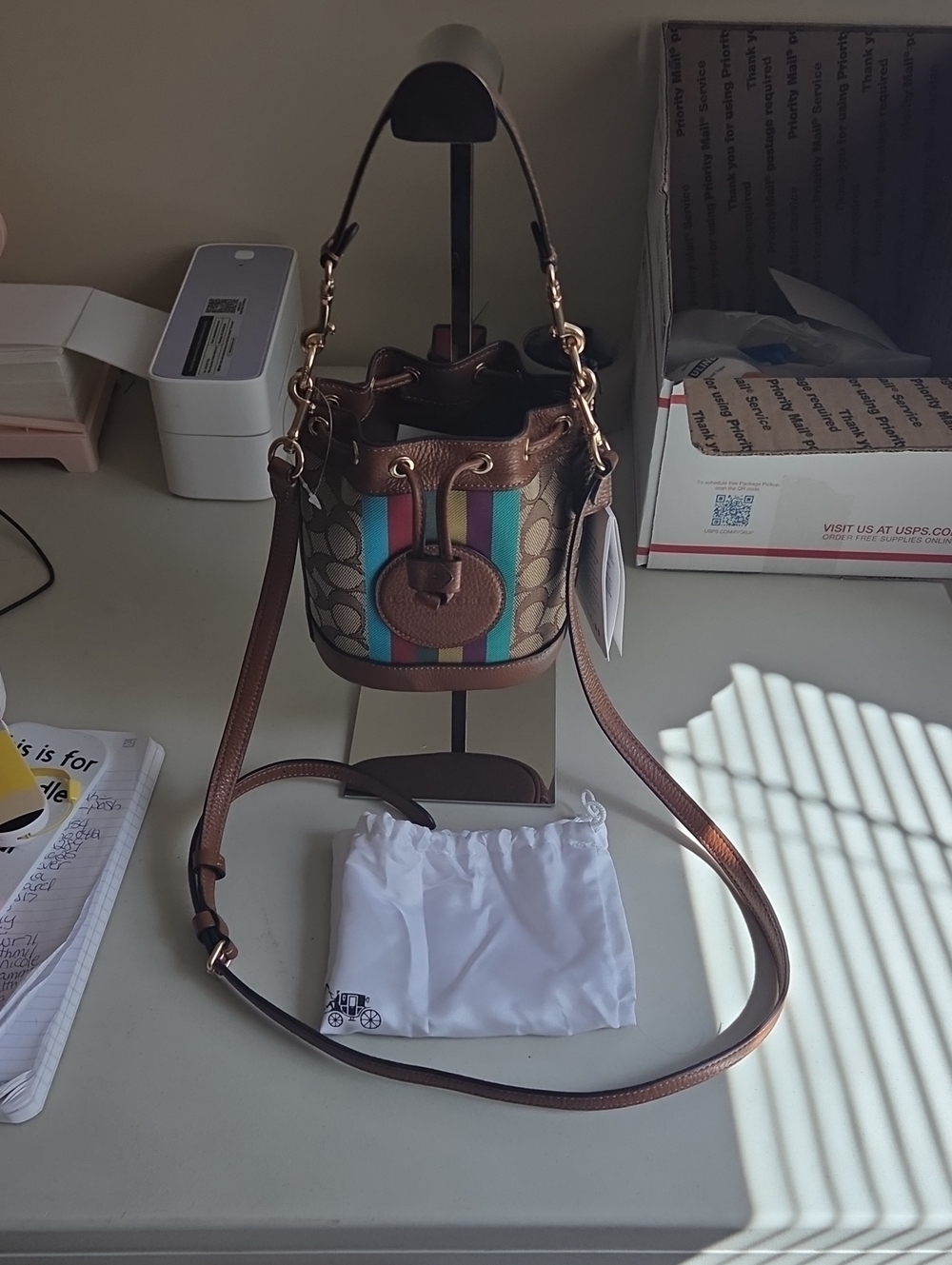 Coach Brown Demsey Signature Canvas Bucket Bag with Multicolor Stripe - Picture 1 of 6